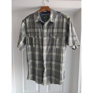 Woolrich‎ Shirt Mens Size L Yellow Gray Plaid Short Sleeve Cotton Button Up
